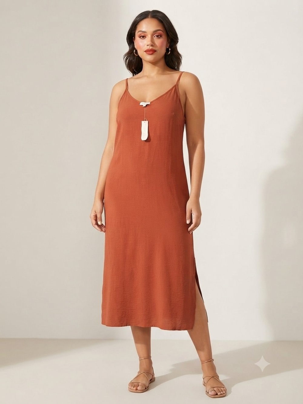 See You Monday Rust-Brown Maxi Slip Dress with Spaghetti Straps